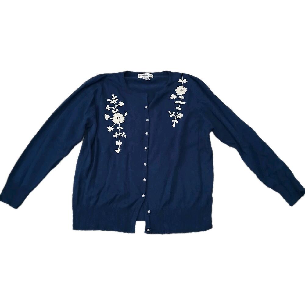 Cathy Daniels Women's L Navy Blue Cardigan Sweater Floral Embroidered Pearl‎